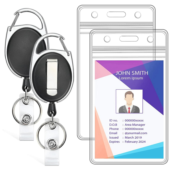 2 Pack ID Badge Holder with Retractable Badge Reel Clear Vertical ID Card Holder with Heavy Duty Carabiner Badge Reel