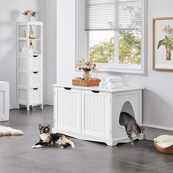 Litter Box Enclosure Cabinet with Divider, White Wooden Pet Crate Storage for Indoor Cats