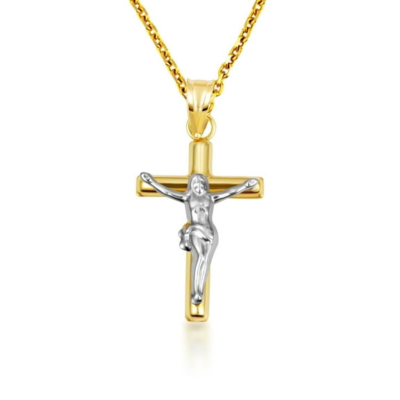 14K Two Tone Gold Sacred Jesus Christ Cross Crucifix Pendant Necklace (Pendant with 18" chain)