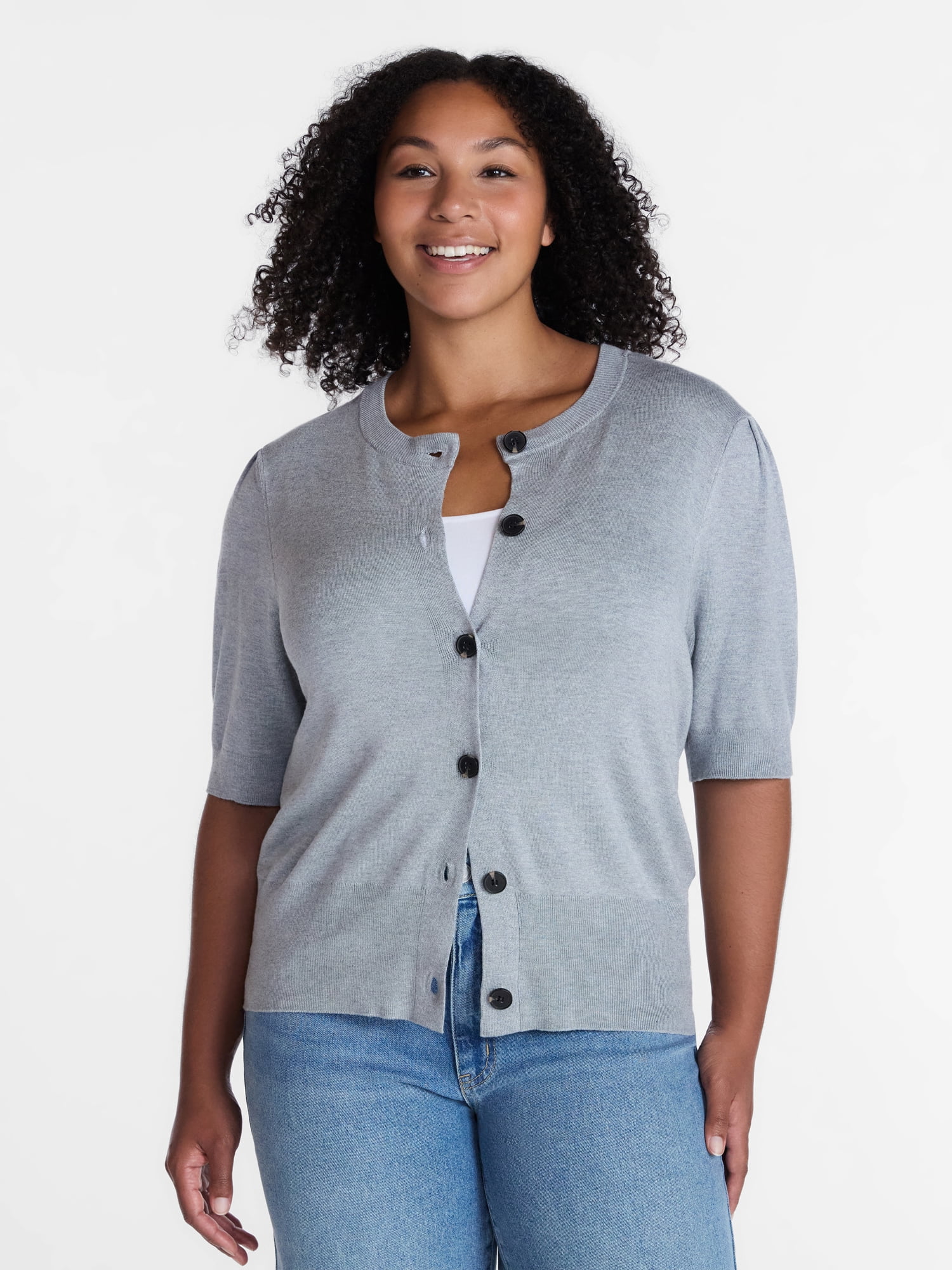 Time and Tru Woman's Crew Cardigan with Short Sleeves, Sizes XS-XXXL
