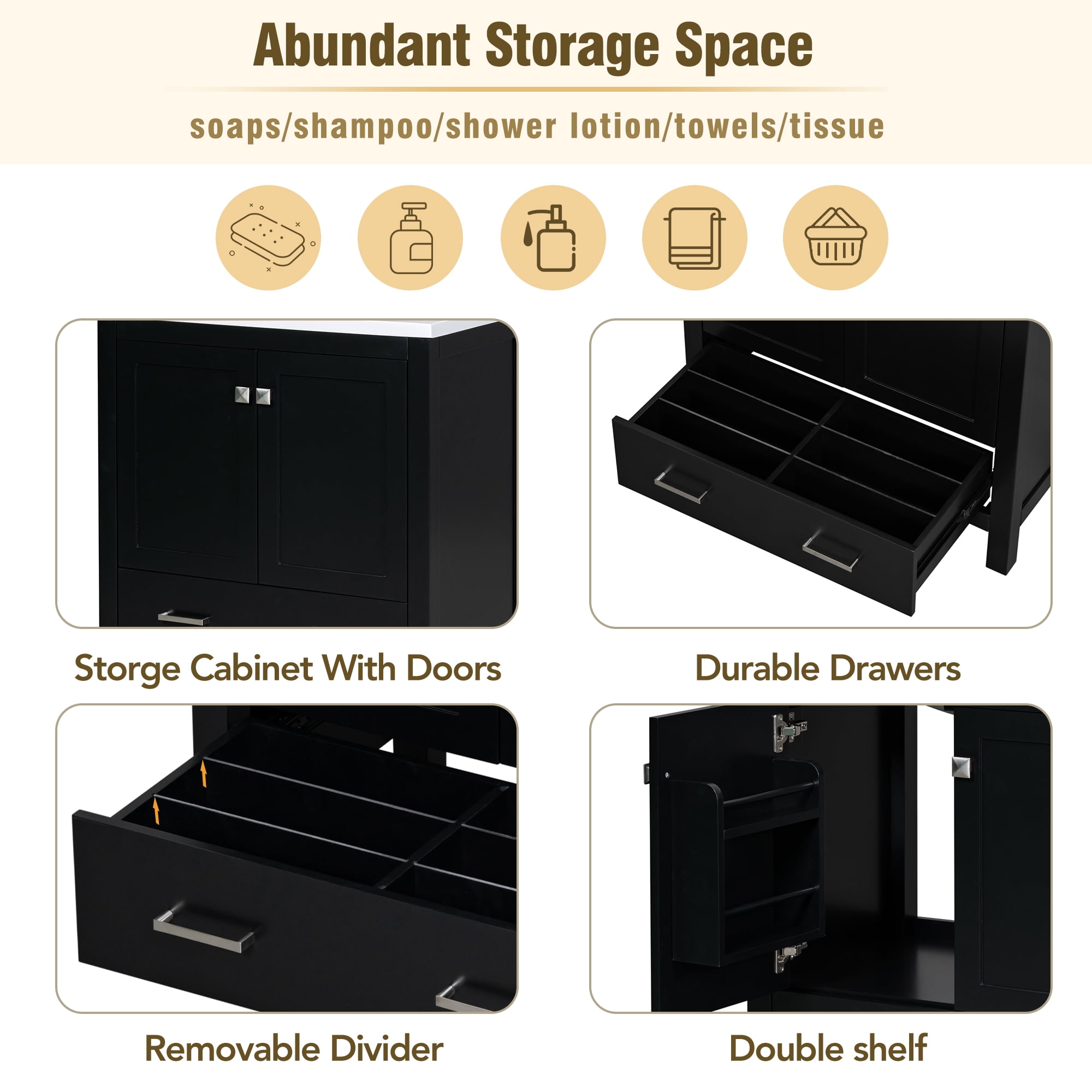 Harper & Bright Designs 30" Bathroom Vanity with Sink Combo, Bathroom Cabinet with Ceramic Top, Multifunctional Storage Doors and Drawer, Black