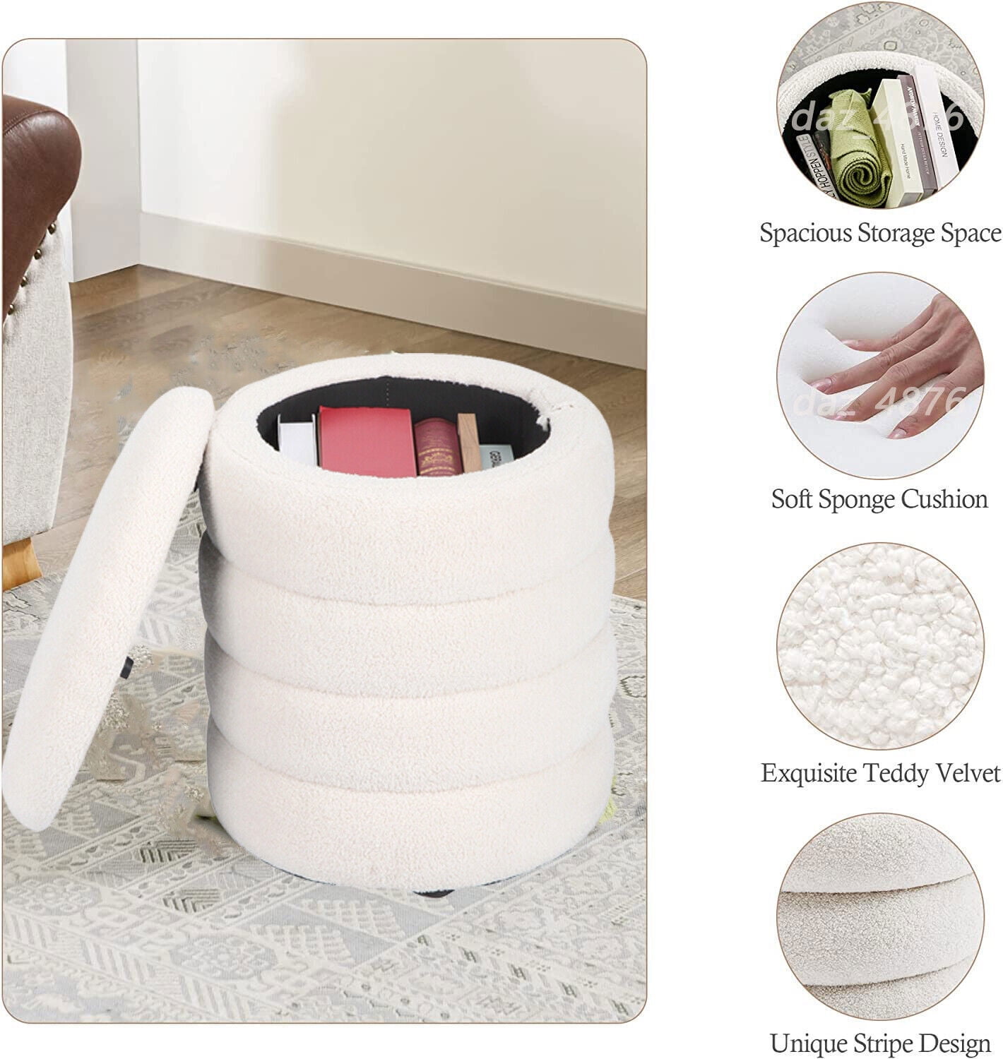 19" Round Storage Ottoman Sherpa Foot Rest Footstool Upholstered Storage Stool Seat White
