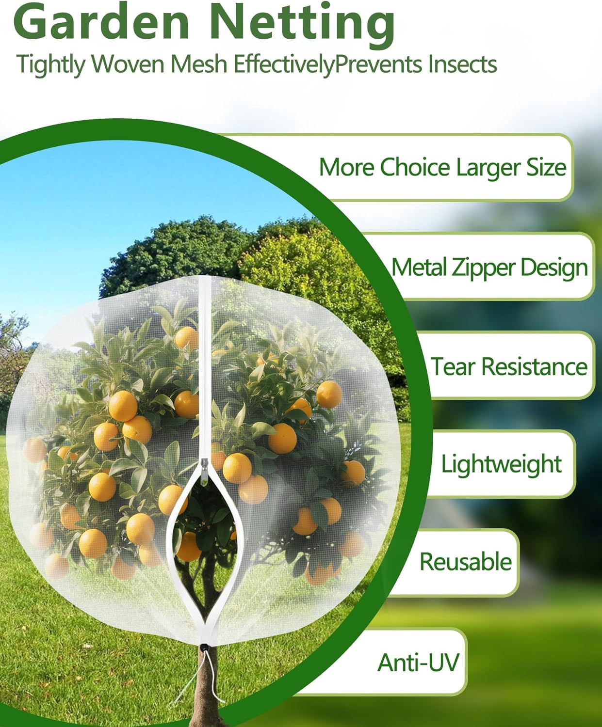 4Pack Fruits Tree Netting with Zipper and Drawstring, 5.3x7.87ft Insect Bird Barrier Plant Netting for Garden Cover Protection