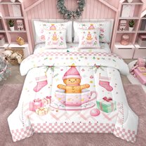 Feelyou Teens Gingerbread Man Bedding Comforter Set 7pcs, Santa Claus Socks Queen Bedding Sets, Fashion Pink Buffalo Reversible Queen Sheet Sets, Luxury Bedroom Decor