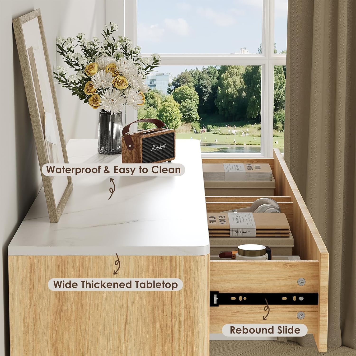 Selooye 6 Drawers Dresser for Bedroom, 52" Wide Handleless Chest of Drawers with Faux Marble Top, Wooden Dresser TV Stand, Wood Drawer Organizer for Living Room, Hallway, Natural Oak