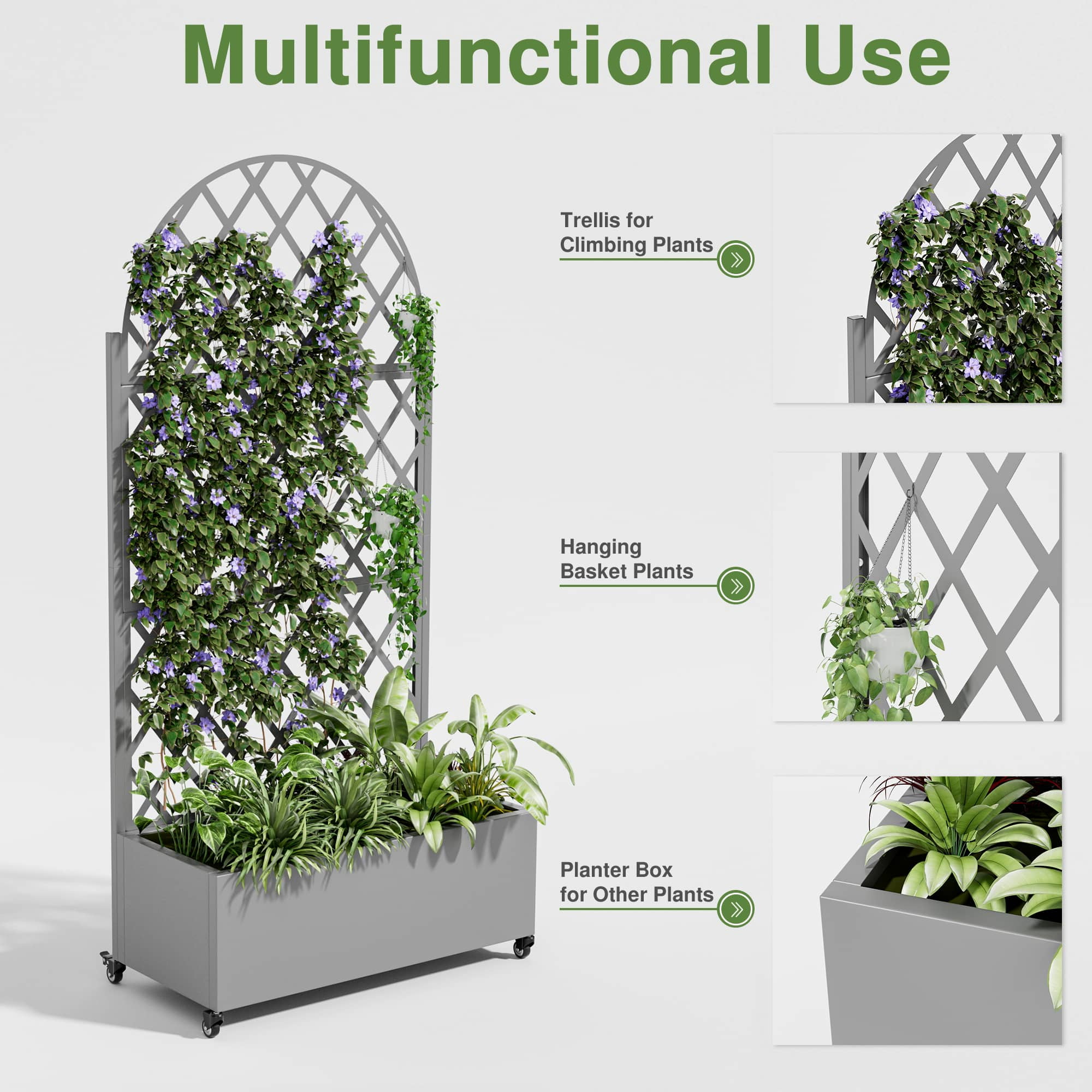 MAYEERTY 71" x 35" Outdoor Metal Raised Garden Bed with Trellis Planter Box for Climbing Plants, Gray