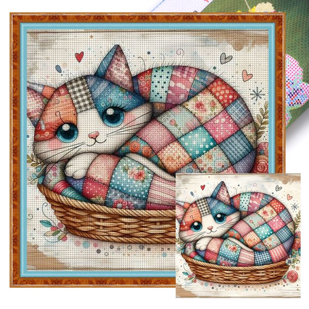 Kit Punto Cruz Gato Impreso Hilo Algodón Ecológico Bordado Arte 40x40cm 11CT