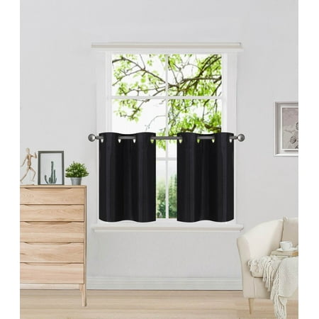 D2 Black 1-Pair of Solid Insulated  Grommet Treatment Curtains for Short Windows, Livingroom, Bathroom or Kitchen, Two (2) Piece Faux Silk Blackout Tier Panels 30