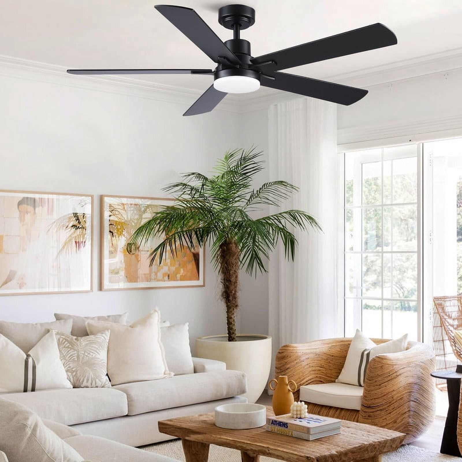 Wellspeed 52 in. Modern Ceiling Fan with Dimmable Light, for Indoor, Remote Control, 6 Speeds Reversible DC Motor, Black