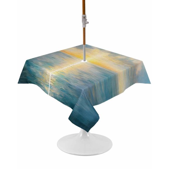 Ocean Sunset Square Outdoor Tablecloth, Waterproof Table Cloth Cover with Umbrella Hole and Zipper, Blue Sky Sea Minimalist Abstract Art Table Protector for Patio Party Picnic 54"x54"