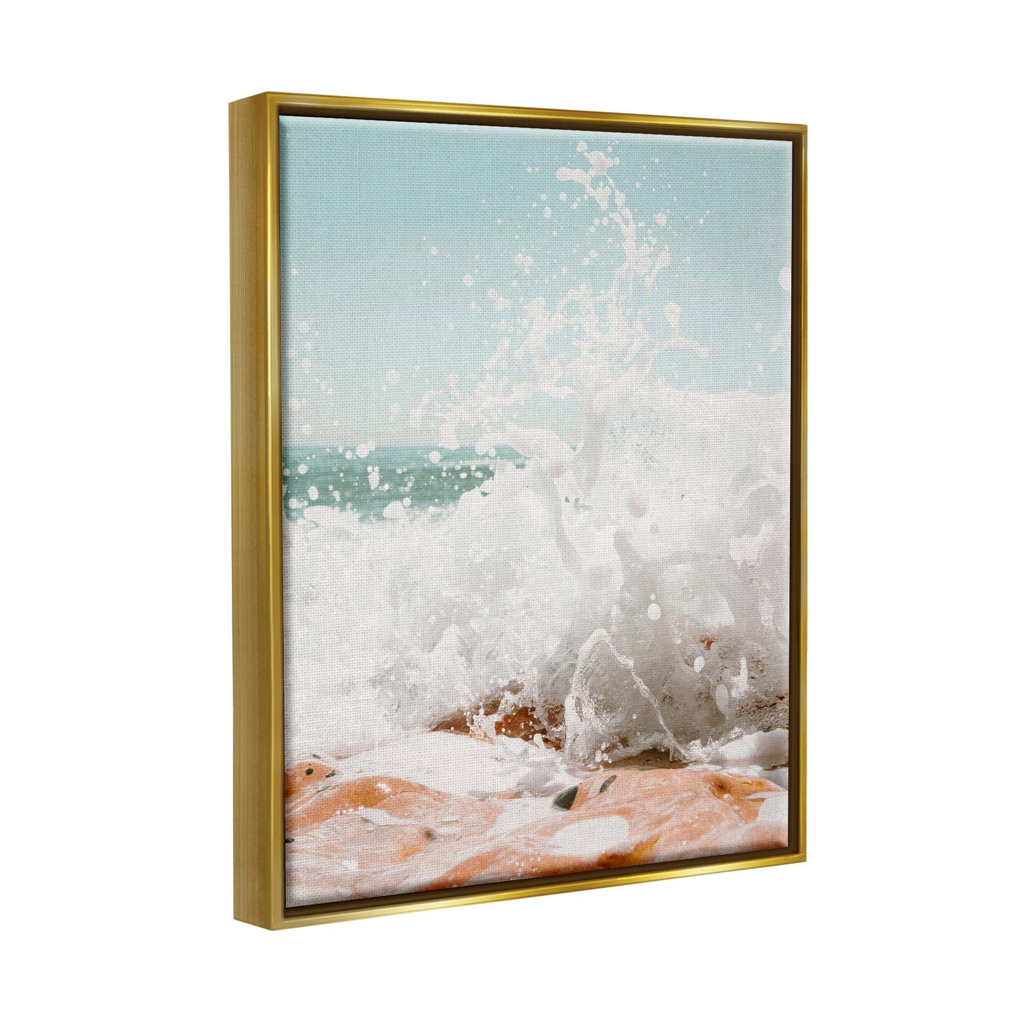 Stupell Splashing Sandy Beach Sea Foam Landscape Photography Gold Floater Framed Art Print Wall Art