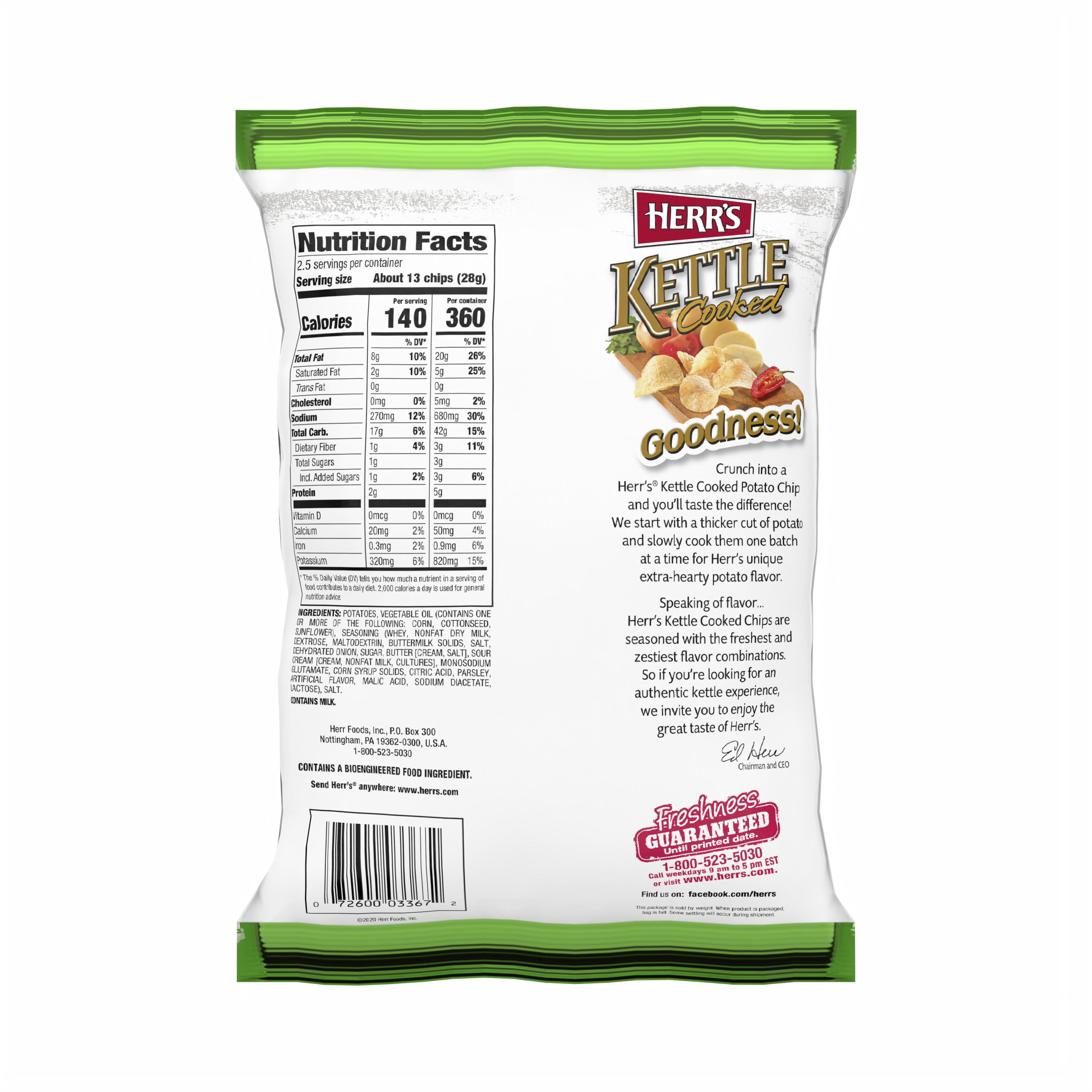 Herr's Kettle Cooked Sour Cream & Onion Flavored Potato Chips, 2.5 oz