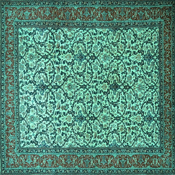 Ahgly Company Machine Washable Indoor Square Persian Turquoise Blue Traditional Area Rugs, 7' Square