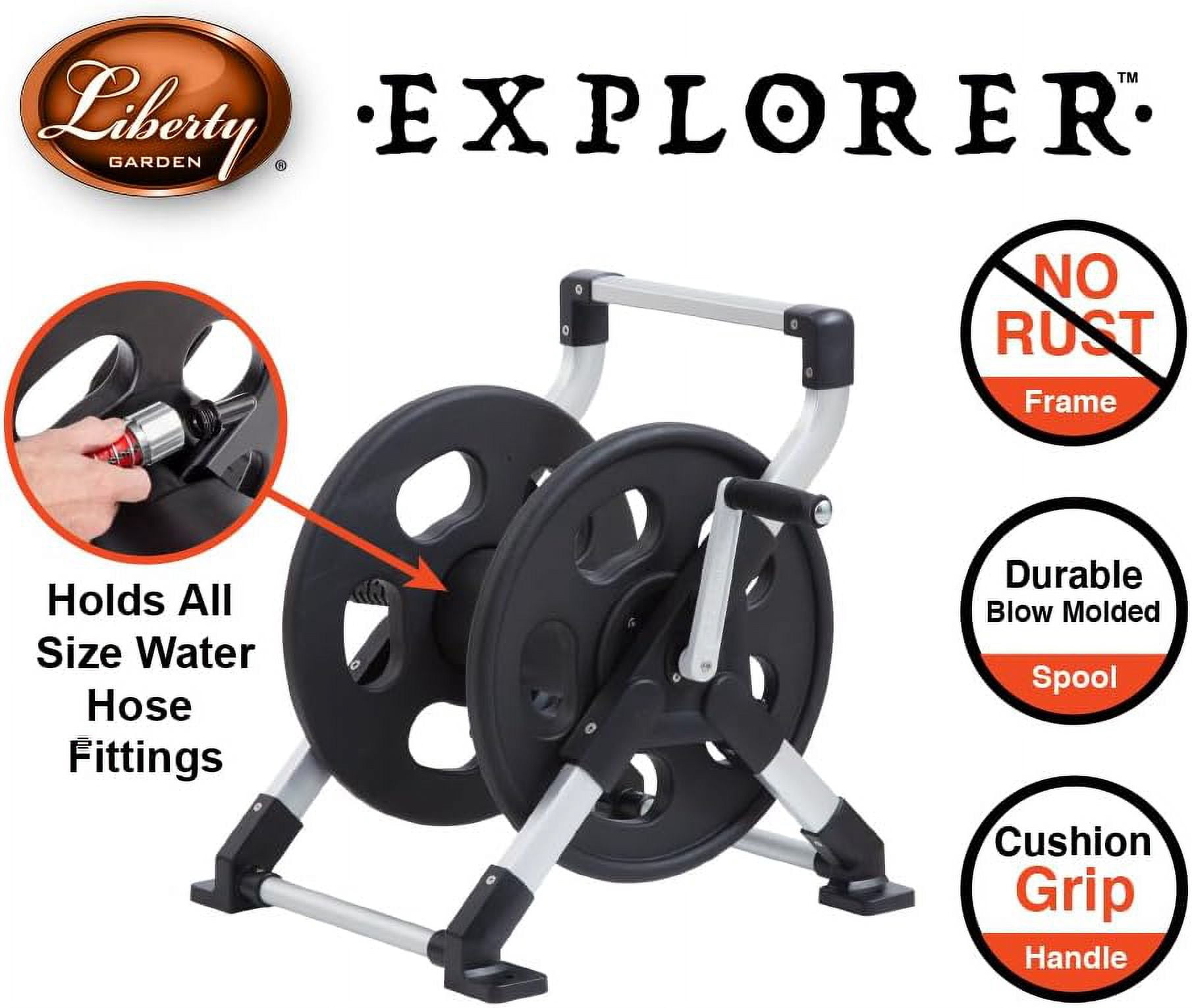 Liberty Garden 306 Explorer Floor or Wall Mount Hose Reel, Aluminum, Holds 150-feet of 5/8-Inch hose, Silver/Black