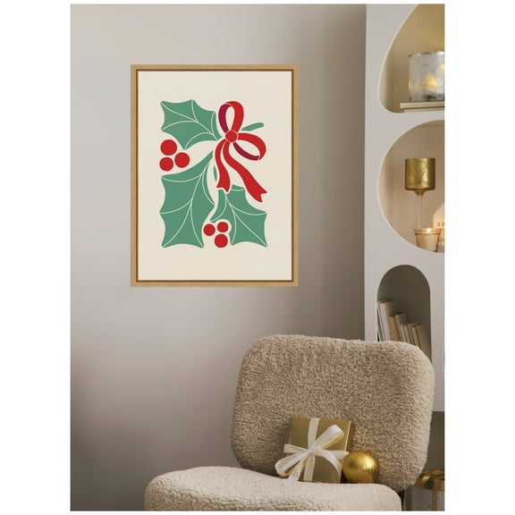 Kate and Laurel Framed Canvas Wall Art Print 'Christmas Icons Prima Set Nouveau Holly' by Dominique Vari, 18 x 24 Sylvie Natural Frame, Traditional, Holiday Art for Wall Decor