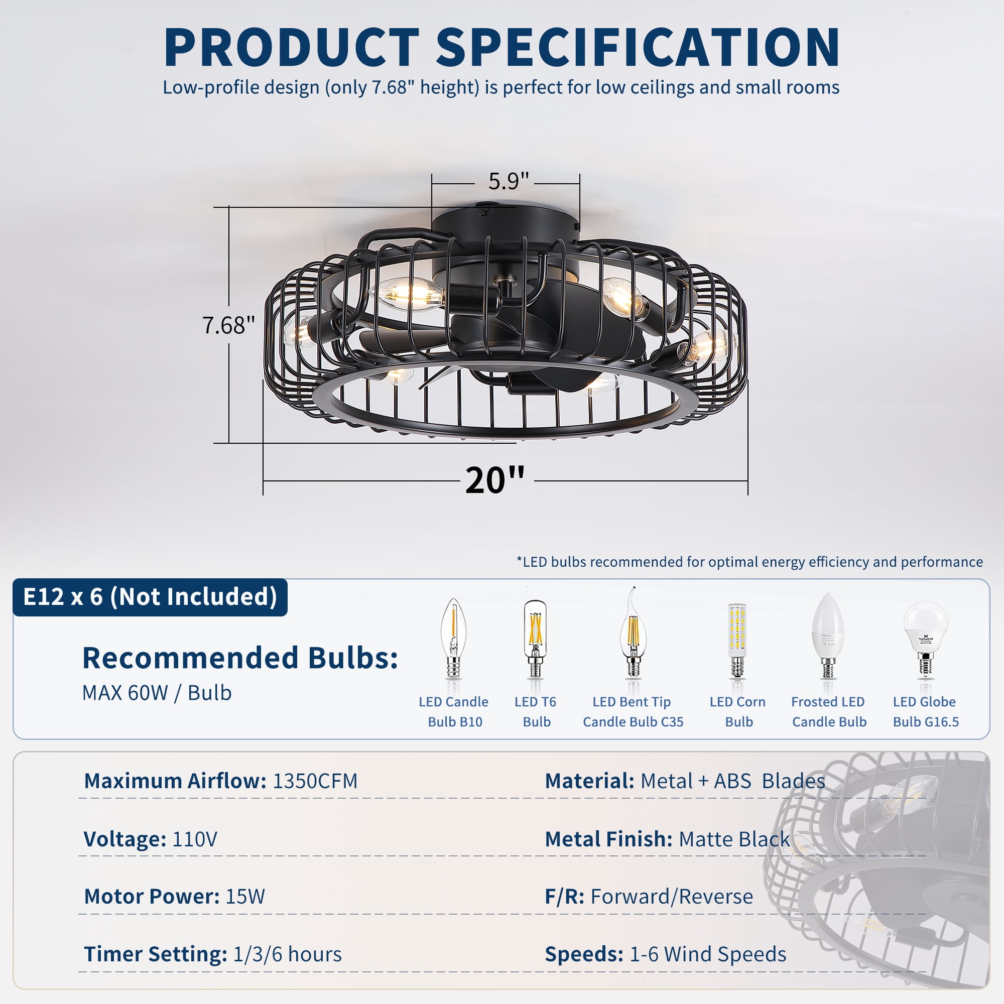 Leumius 20" Black Industrial Flush Mount Ceiling Fan with Lights, Low Profile Fandelier with E12 Sockets, Reversible DC Motor, 6 Speeds, Quiet Ceiling Fan for Bedroom Kitchen Dining Room Farmhouse