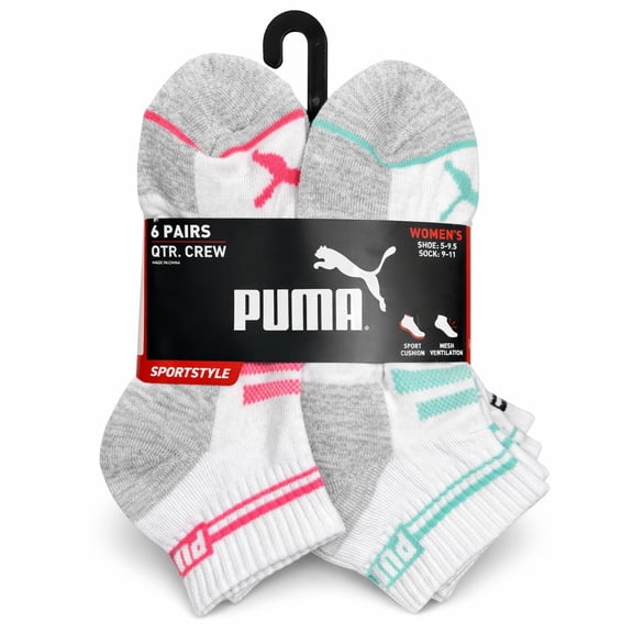 PUMA SOCKS WOMEN'S - QUARTER 253 - GLEE PINK GREEN - SHOE SZ 5-9.5 -PACK 6