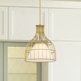 thumbnail image 2 of Evensong 60 Watt 1-Light Brushed Gold Bell Pendant with Etched Opal Glass Shade and Metal Outer Cage, 2 of 11
