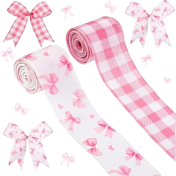 2 Rolls Pink Bow Print Wired Edge Ribbons, 10 Yards Craft Ribbons for Wreath Hair Bow Wrapping Gifts Packing, Pink White Checkered Birthday Wedding Gender Reveal Party Home Accessory Decor