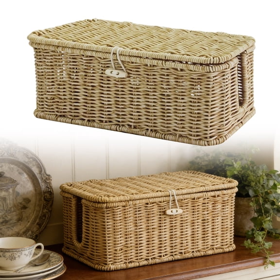 Cable Management Box, Handmade Rattan Cable Organizer with 2 Open Slots, Cord Hider for Power Strip,13*5.1*5.1IN,Beige