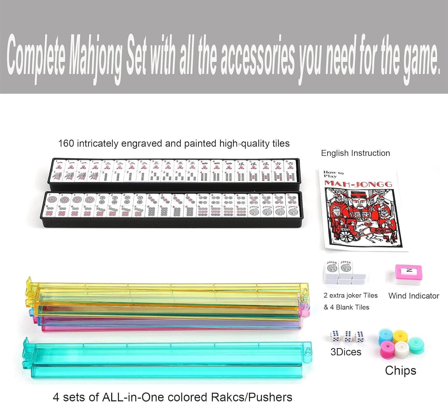 Mahjong Game Set with Carrying Bag – 166 Premium White Tiles, 4 Racks/Pushers, Chips, Wind Indicator, Pinky Red (Complete Ma Jong Set)