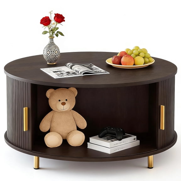 AISWORD Round Coffee Table with 360° Sliding Door, Fluted Accent Storage Coffee Table with Adjustable Footpads for Living Room, Brown