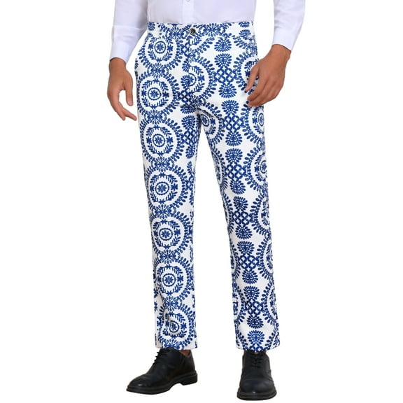 Floral Print Pants for Men's Flat Front Retro Paisley Flower Pattern Trousers 30 Blue