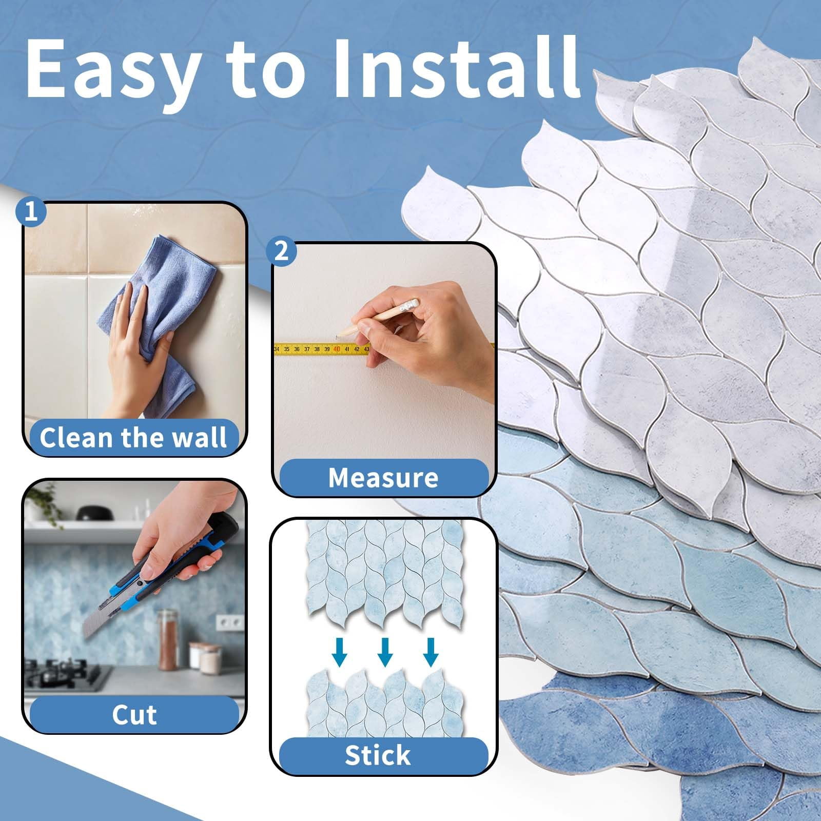10-sheet Peel And Stick Backsplash Tile For Kitchen  Self-adhesive Mosaic Glossy Leaf On Wall With Gaps (pastel Blue)