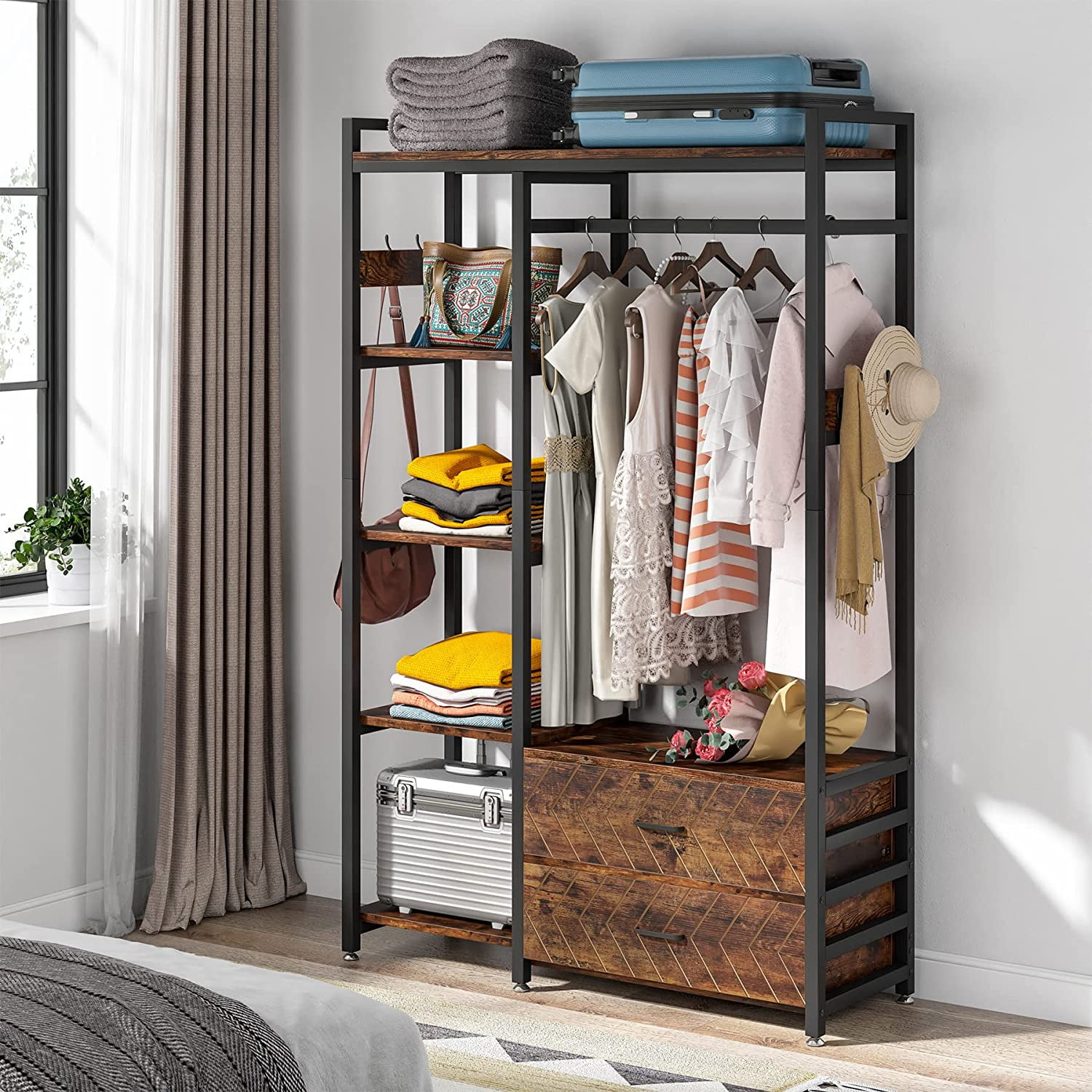 Freestanding Closet Organizer, Clothes Rack with Drawers and Shelves, Heavy  Duty Garment Rack Hanging Clothing Wardrobe Storage Closet for Bedroom, Rustic  Brown 