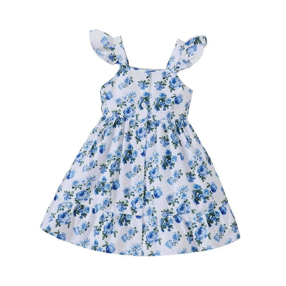 MEZZALL Toddler Girls Flutter Sleeve Floral Dress Sundress Spring Summer Casual Comfortable Outfits, Blue, 6-7 Years