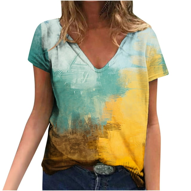Hauts d'Été pour Femmes Manches Courtes Femmes Blouse d'Été Imprimée T-Shirts Décontractés Col en V Manches Courtes T-Shirts Hauts