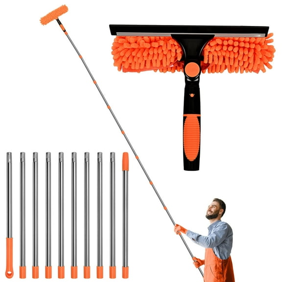 20 Feet Reach 2 in 1 Rotatable Window Washing Squeegee & Duster with 3-14 ft Extension Pole, Natubeau Window Cleaning Tool & Window Washer Squeegee for Home Indoor Outdoor Window Washing, Orange