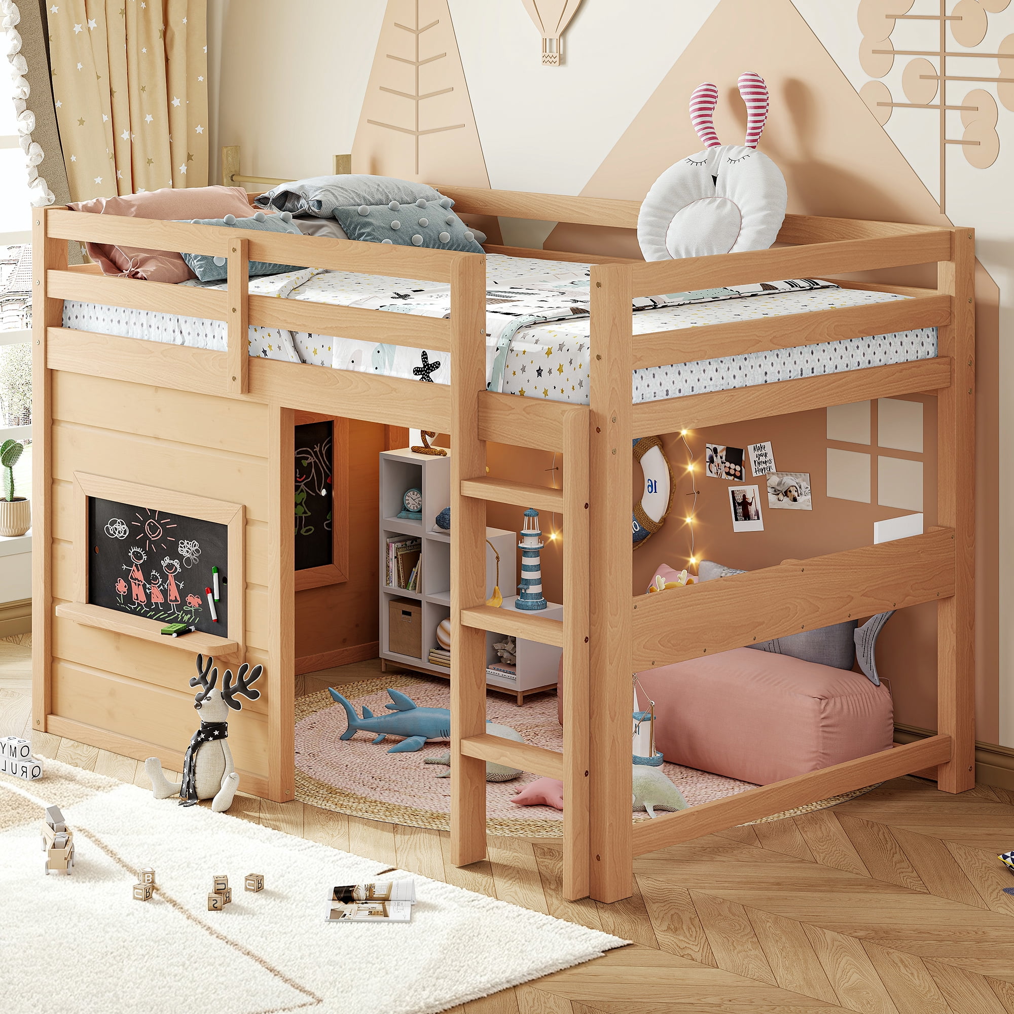 Leumius Twin Size Loft Bed with Storage Shelves,Solid Wood Low Loft Bed Frame with Chalkboard and Bookshelf,Space Saving,Light Natural