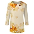 thumbnail image 6 of Womens Crew Neck 3/4 Length Sleeve Tees Fall Leaf Graphic Print Loose Fit Casual Shirts Curved Hem Lightweight Dressy Tunic Tops ,S,Earthy Yellow, 6 of 7