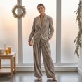 thumbnail image 5 of Szluipve 2 Piece Sets for Women Velvet 2 Piece Suit Outfit Notched Lapel Button Blazer Jacket & High Waist Wide Leg Pleated Pants Elegant Casual Matching Set with Pockets Khaki S, 5 of 8