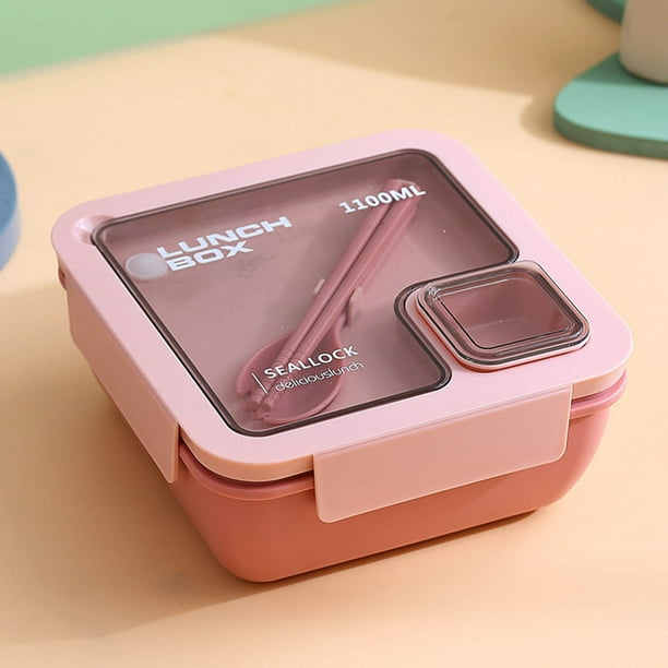 Fiambrera portátil de plástico con compartimentos y cubiertos | Caja bento de 800-1000 ml para la escuela, la oficina o un picnic | Tapa hermética con cierre y recipientes para condimentos integrados