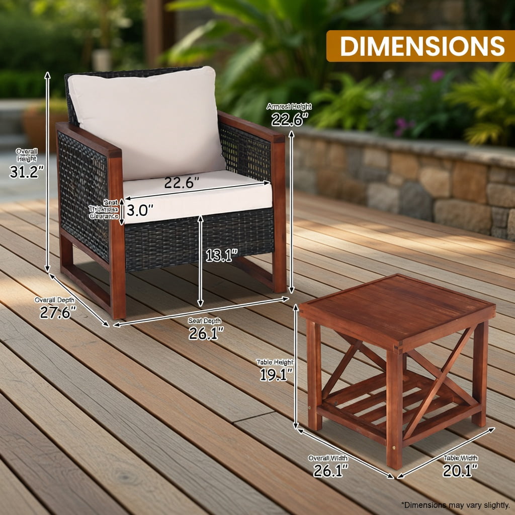 Hommoo 3-Piece Outdoor Wicker Patio Furniture Set with Washable Cushions, Acacia Wood Coffee Table, Modern Backyard Seating for Balcony, Garden & Deck, Beige