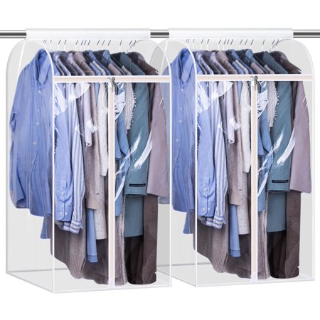 KEETDY 43" Hanging Garment Bags for Closet Storage Large Clear Window Hanging Clothes Storage Garment Rack Cover Coat Protector for Suit, Wardrobe, Bottom Enclosed, 2 Packs C33