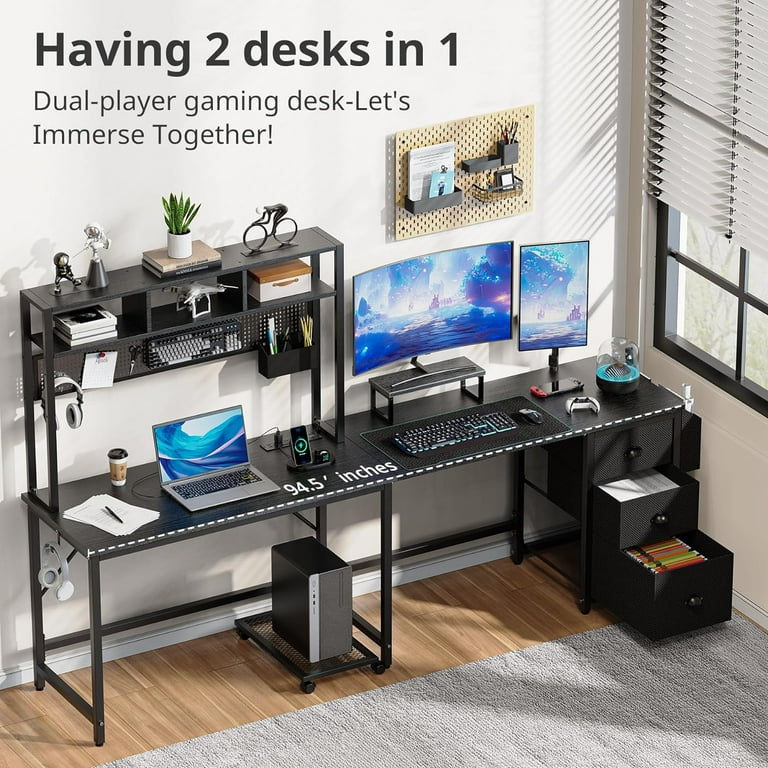 UPGO Gaming Desk Computer Desk with Pegboard Shelves Large L Shaped Desk with Drawers Gaming Desk with Power Outlet LED Monitor Stand Mobile
