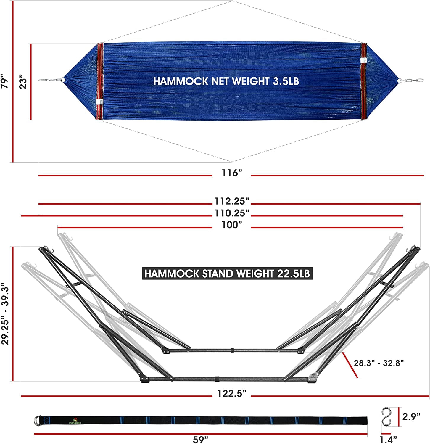 Tranquillo 600lb Capacity 2 Persons 2 Hammocks Included/Foldable Portable Hammocks with Stand, Tree Straps, Carry Bags for Garden Camping, Aegean