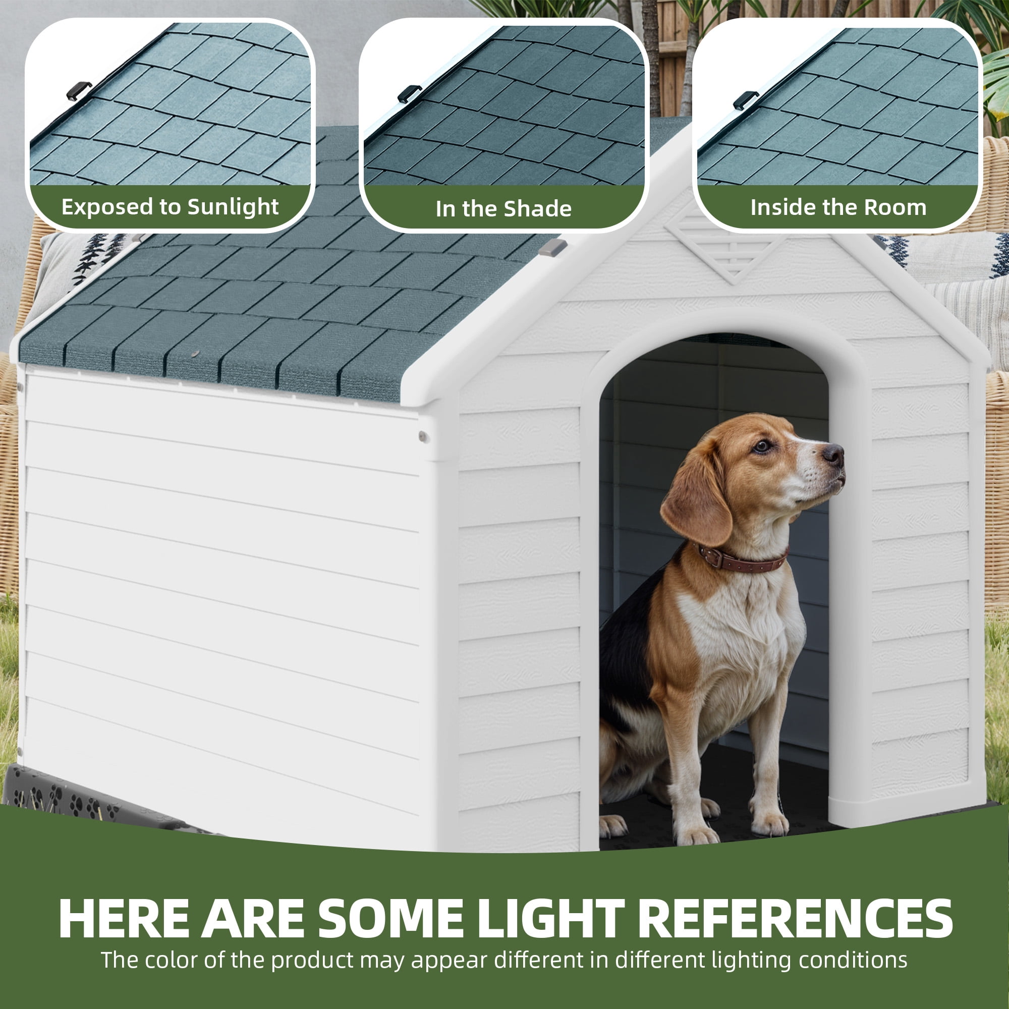 Uforic Waterproof Plastic Dog House with Air Vents and Elevated Floor, Outdoor Indoor Doghouse Puppy Shelter,Gray,28.5''Lx 26''Wx 28''H