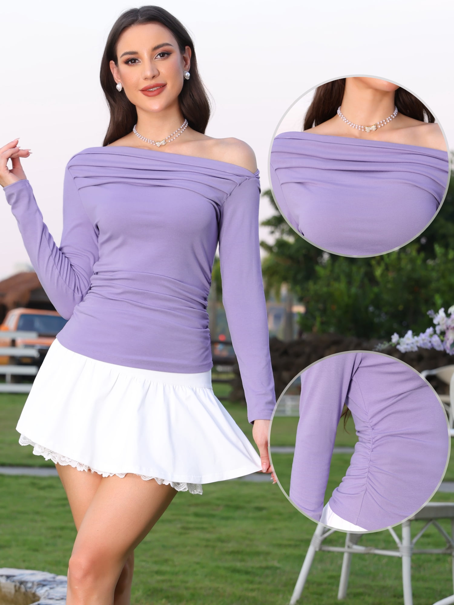 DARING DIVA Women's Off the Shoulder Long Sleeve Ruched Shirts Fit Tee Blouses XL Purple