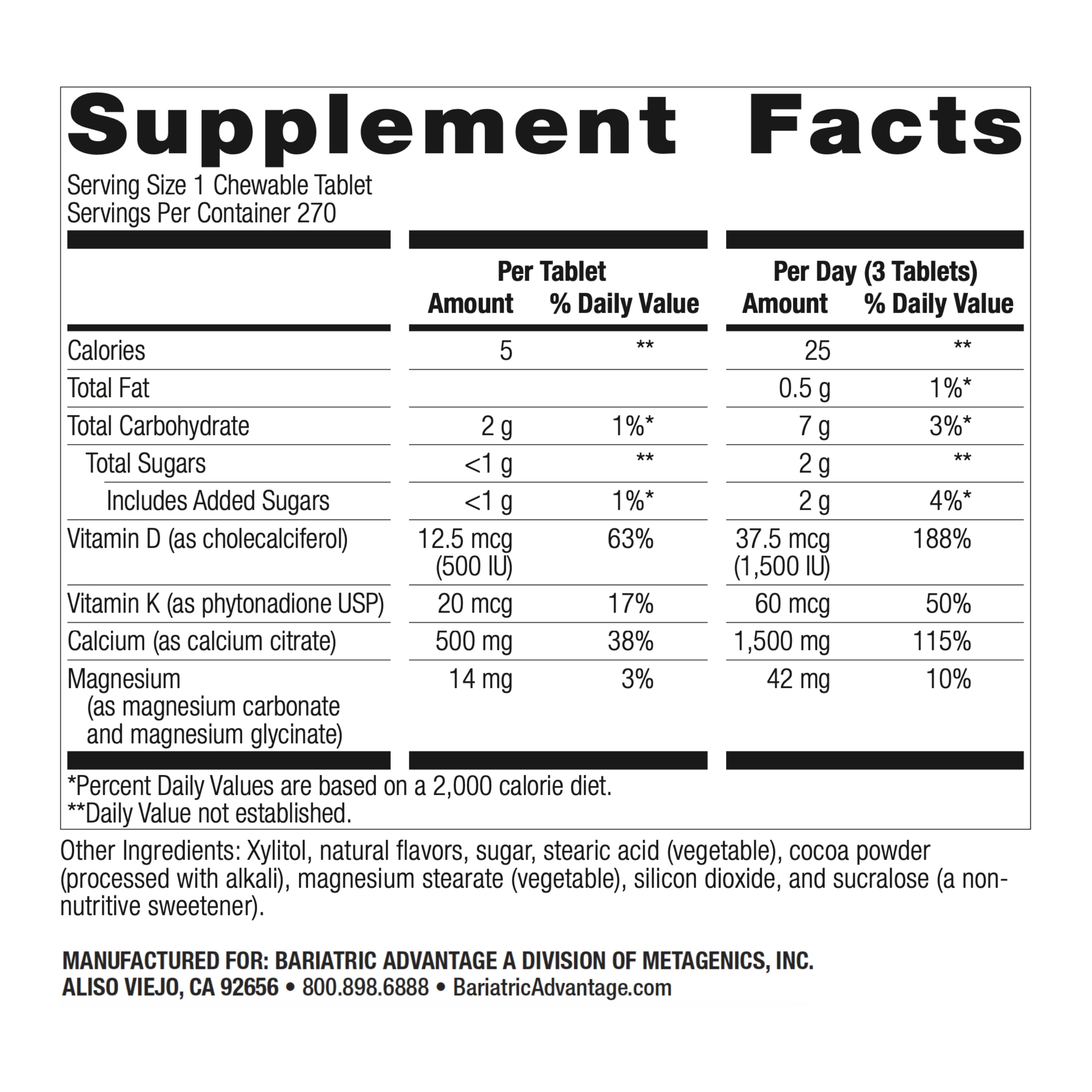 Bariatric Advantage Calcium Citrate Chewable 500 mg - For Bariatric Surgery Patients - High-Potency, Easy-Digest Tablets - Calcium Citrate - Bone Strength Supplements* - 270 Count - Chocolate