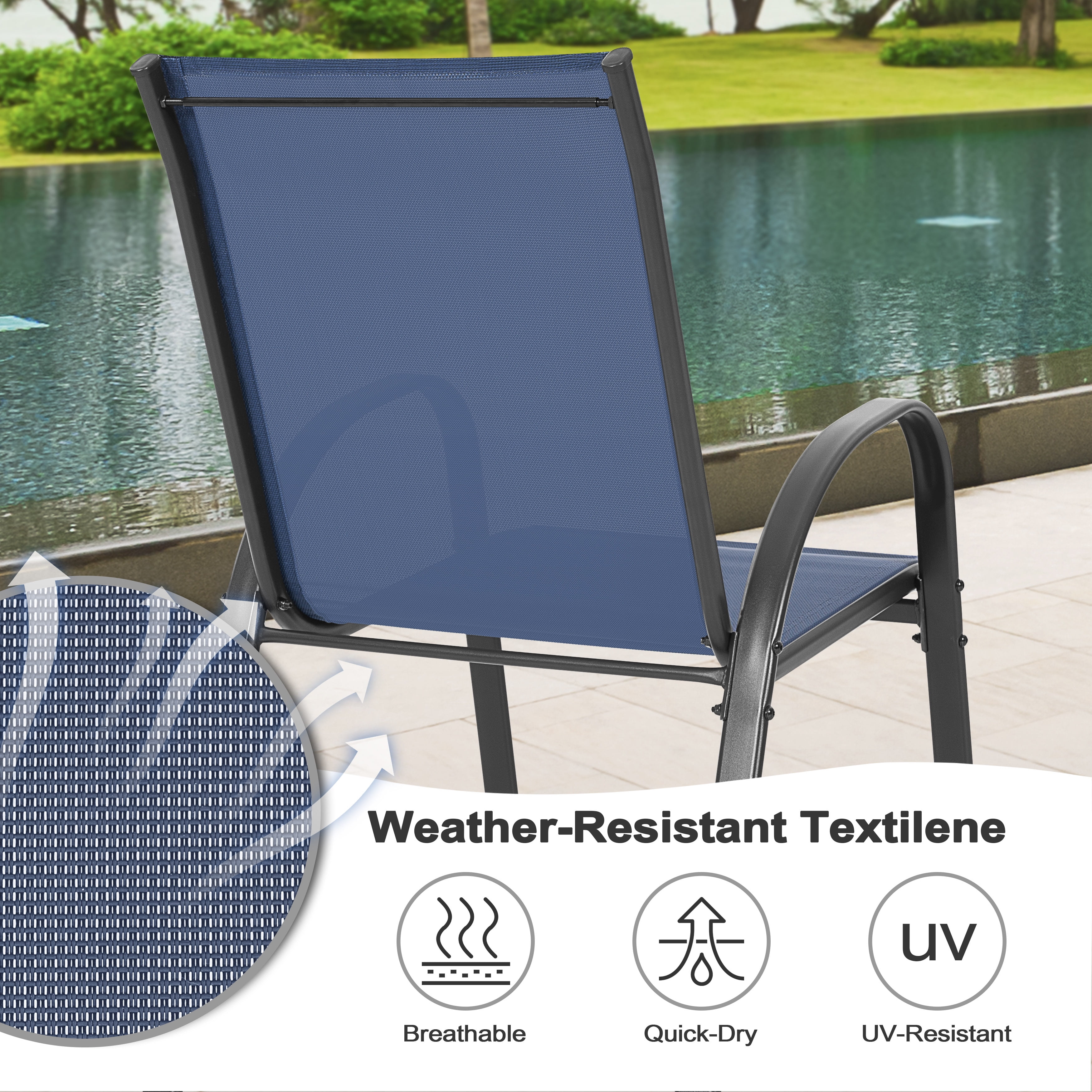 Nuu Garden Patio Chairs Set of 4, Outdoor Stackable Dining Chairs for All Weather, Breathable Textilene Outdoor Chair Set with Armrests for Backyard Porch Poolside Garden, Blue and Black