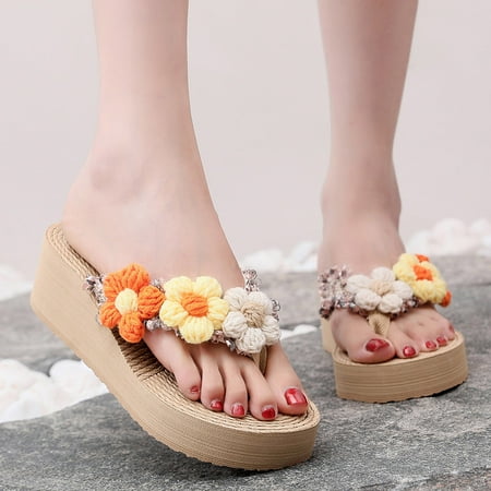 

Cathalem Fashion Spring And Summer Women Slippers Thick Soled Wedge Heel Colorful Flower Flip Flops Light Womens Mukluk Slippers Yellow 6.5