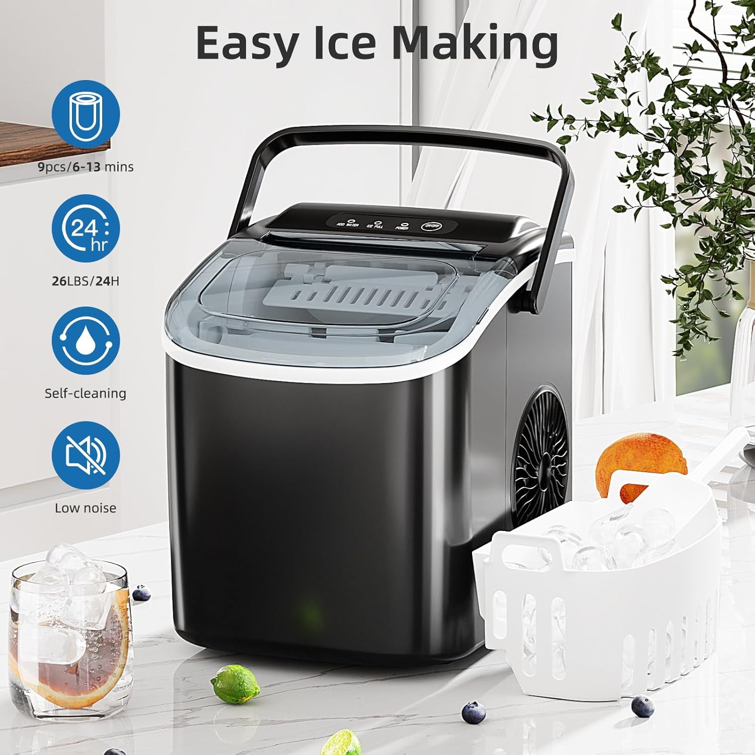Portable Ice Maker Countertop, 26Lbs Daily, 9 Cubes in 6 Mins, Self-Cleaning with Carry Handle, Ice Scoop and Basket for Kitchen Office Party Black