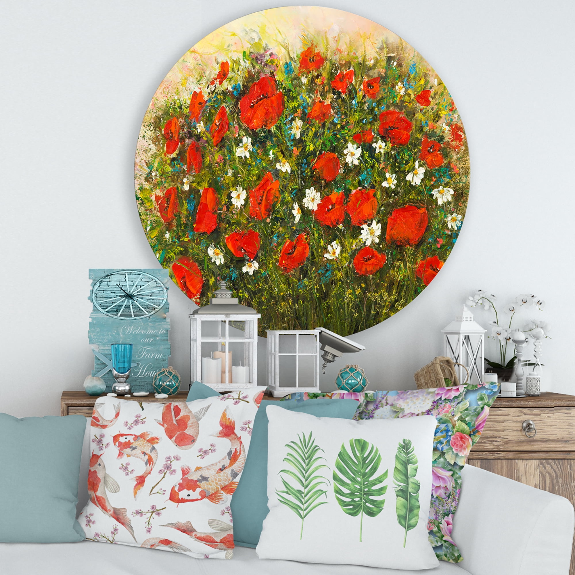 Designart 'The Fields of Red Wildflowers' Traditional Circle Metal Wall Art 29x29 - Disc of 29