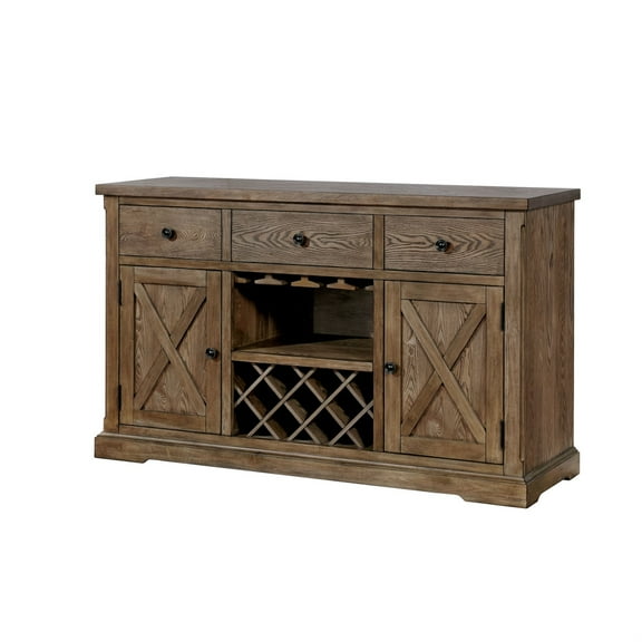 Wooden Server with Three Drawers and Two Door Cabinets, Light Brown