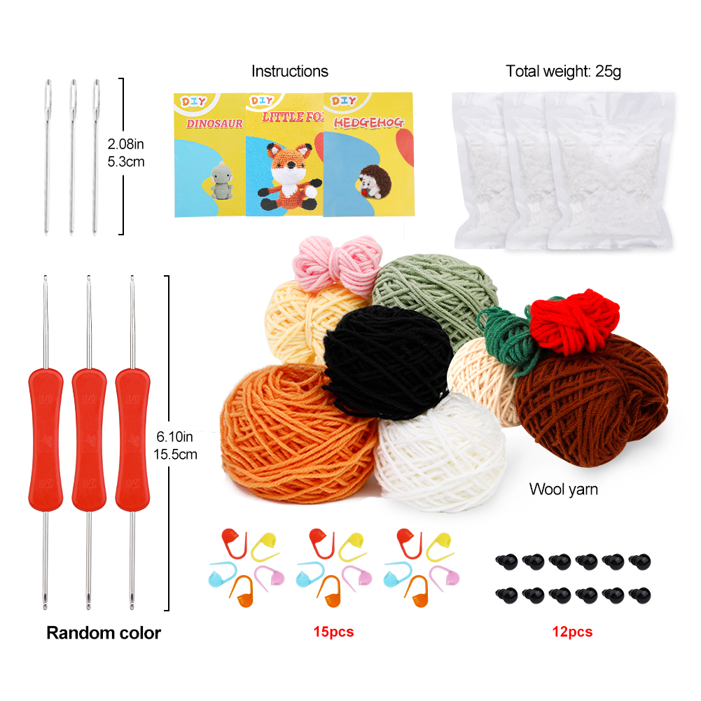 Jupean Beginners Crochet Kit, 3 Pack Cute Small Animals Kit for Beginers  and Experts,Crochet Starter Kit for Beginner DIY Craft Art  (Elephant&Hedgehog&Fox) 