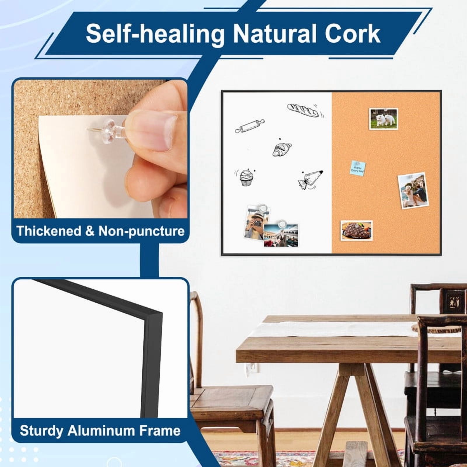 Combination Magnetic Whiteboard Cork Bulletin Board, 36" X 24" Combo Dry Erase White Board for Wall Cork Pin Board for Home Office Wall Mounted, Include 2 Markers, 6 Magnets, Eraser and Push Pins